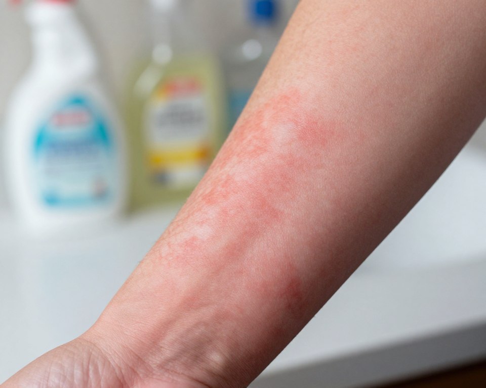 A close-up view of a human forearm displaying a red, inflamed skin rash caused by exposure to cleaning products. The skin shows distinct patches with varying textures, some areas moist and others dry, illustrating the irritation. The person’s arm is located in the foreground, positioned against a white countertop that hints at a cleaning scene. Soft, diffused natural lighting illuminates the skin, emphasizing the redness and texture of the rash. In the background, vague shapes of cleaning bottles are out of focus, suggesting their relationship to the rash without distracting from the main subject. The overall atmosphere is clinical yet informative, conveying the seriousness of contact dermatitis due to cleaning agents. A close-up view of a human forearm displaying a red, inflamed skin rash caused by exposure to cleaning products. The skin shows distinct patches with varying textures, some areas moist and others dry, illustrating the irritation. The person’s arm is located in the foreground, positioned against a white countertop that hints at a cleaning scene. Soft, diffused natural lighting illuminates the skin, emphasizing the redness and texture of the rash. In the background, vague shapes of cleaning bottles are out of focus, suggesting their relationship to the rash without distracting from the main subject. The overall atmosphere is clinical yet informative, conveying the seriousness of contact dermatitis due to cleaning agents.