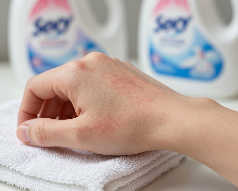 A close-up view of a human forearm showcasing the texture of skin, subtly illustrating the concept of an invisible rash caused by laundry detergent. The arm is lightly touching a soft fabric towel, symbolizing common items that may cause skin irritation. The lighting is soft and diffused, mimicking a natural indoor setting, while a gentle focus highlights the contrast between the healthy skin area and the slightly irritated zones, which are not overtly visible. In the background, a blurred arrangement of fabric softeners and dryer sheets enhances the context, adding depth to the narrative without distracting from the central focus. The overall atmosphere conveys a sense of concern and curiosity, inviting the viewer to explore the unseen effects of laundry products.