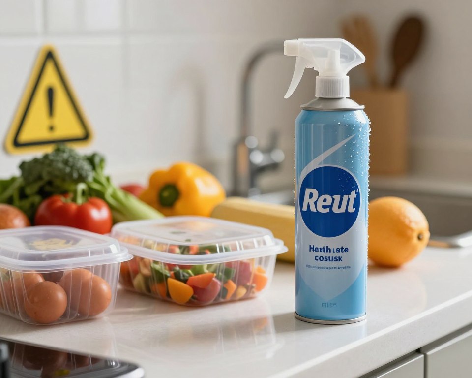 A close-up view of a kitchen countertop featuring a can of disinfectant spray next to food items like fresh vegetables and fruits, highlighting potential health risks. The disinfectant can is prominently displayed in the foreground, with droplets of the spray glistening in the light, creating a cautionary atmosphere. In the middle ground, there are partially open food containers to signify contamination risk, and a warning sign, subtly placed to emphasize safety concerns. The background fades into a softly lit, neutral space to keep the focus on the countertop objects. The lighting is bright yet soft, evoking a clean but cautious vibe, while the angle should be slightly above eye level for a clear view of the interaction between disinfectant and food items.
