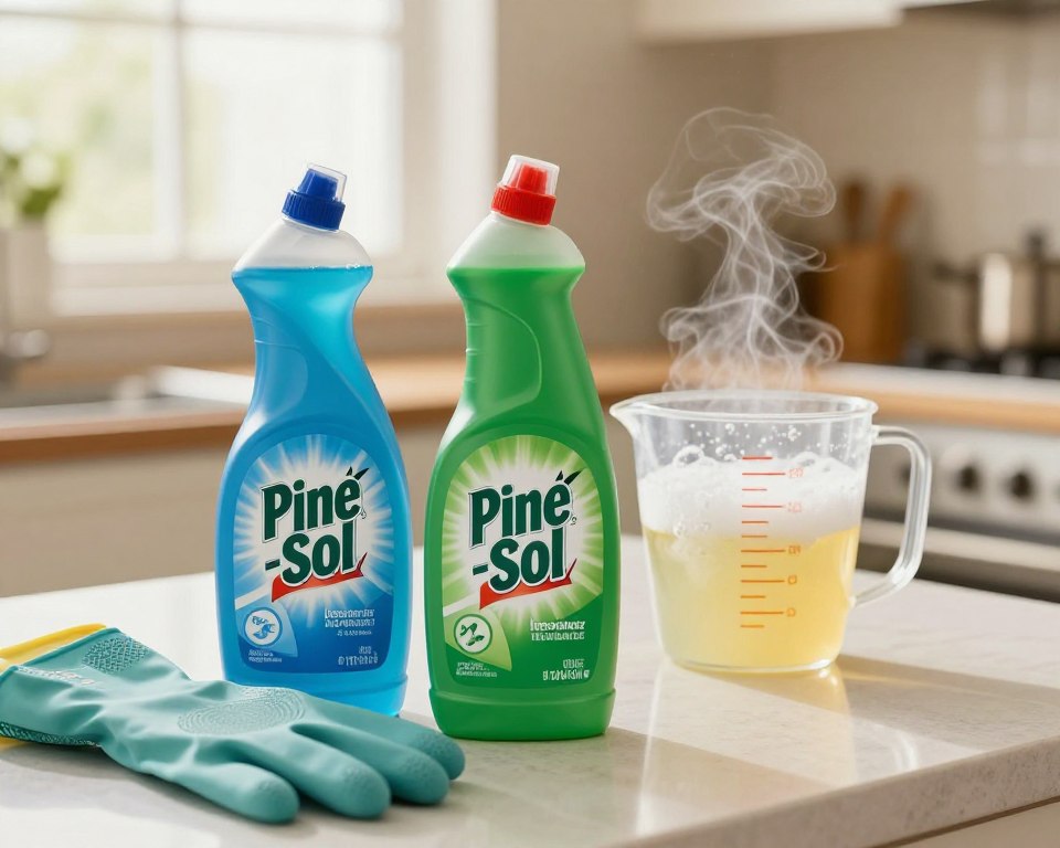 A close-up view of a kitchen countertop featuring two bottles of household cleaners, bleach and Pine-Sol, side by side. Focus on the bright, colorful labels and their contrasting colors—one bottle is a classic light blue for bleach, and the other a rich, earthy green for Pine-Sol. The foreground reveals a pair of protective rubber gloves placed casually near the bottles. In the middle ground, a measuring cup is filled with a frothy mixture that hints at the chemical reaction, with bubbles and wisps of vapor gently rising. The background showcases a well-lit kitchen, with warm, inviting colors, emphasizing cleanliness. Light from a nearby window creates a soft glow, enhancing the mood of curiosity and caution while underscoring the theme of cleaning efficacy. A close-up view of a kitchen countertop featuring two bottles of household cleaners, bleach and Pine-Sol, side by side. Focus on the bright, colorful labels and their contrasting colors—one bottle is a classic light blue for bleach, and the other a rich, earthy green for Pine-Sol. The foreground reveals a pair of protective rubber gloves placed casually near the bottles. In the middle ground, a measuring cup is filled with a frothy mixture that hints at the chemical reaction, with bubbles and wisps of vapor gently rising. The background showcases a well-lit kitchen, with warm, inviting colors, emphasizing cleanliness. Light from a nearby window creates a soft glow, enhancing the mood of curiosity and caution while underscoring the theme of cleaning efficacy.