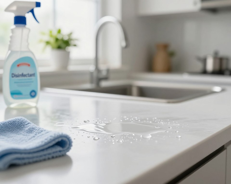 A close-up view of a kitchen countertop with visible disinfectant residue, showcasing droplets and streaks of a clear liquid reflecting light. In the foreground, a soft-focus microfiber cloth lies next to a spray bottle labeled ‘Disinfectant,’ emphasizing a clean and hygienic environment. The middle section features a bright, sunlit space with a potted plant adding a touch of greenery, symbolizing freshness. The background includes blurred kitchen elements like cabinets and appliances, maintaining a modern and tidy aesthetic. Utilize soft, natural lighting to create a clean, safe atmosphere, and capture the image from a slight downward angle to highlight the disinfectant residue. The overall mood conveys a sense of cleanliness and attention to best practices in surface hygiene. A close-up view of a kitchen countertop with visible disinfectant residue, showcasing droplets and streaks of a clear liquid reflecting light. In the foreground, a soft-focus microfiber cloth lies next to a spray bottle labeled ‘Disinfectant,’ emphasizing a clean and hygienic environment. The middle section features a bright, sunlit space with a potted plant adding a touch of greenery, symbolizing freshness. The background includes blurred kitchen elements like cabinets and appliances, maintaining a modern and tidy aesthetic. Utilize soft, natural lighting to create a clean, safe atmosphere, and capture the image from a slight downward angle to highlight the disinfectant residue. The overall mood conveys a sense of cleanliness and attention to best practices in surface hygiene.
