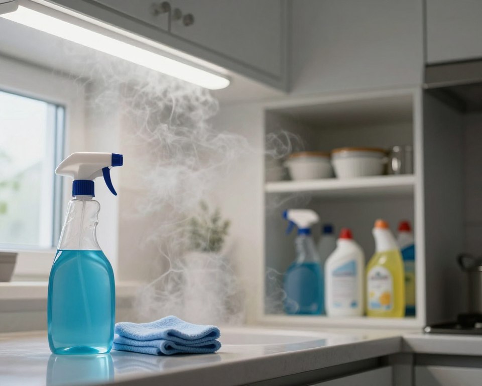 A close-up view of a kitchen scene filled with cleaning product fumes, showing swirling wisps of vapor in the air, illuminated by bright, overhead fluorescent lighting. In the foreground, a spray bottle and a cleaning cloth rest on a sleek counter, glistening from use. The middle ground features a partially opened cabinet filled with various cleaning supplies, emitting faint trails of fumes that drift upwards. In the background, a window provides a hint of a sunny day, contrasting the indoor environment and subtly highlighting the drifting vapors. The overall atmosphere should feel slightly tense, evoking a sense of concern about air quality while remaining visually engaging, inviting viewers to contemplate the implications of these fumes without compromising cleanliness or safety. A close-up view of a kitchen scene filled with cleaning product fumes, showing swirling wisps of vapor in the air, illuminated by bright, overhead fluorescent lighting. In the foreground, a spray bottle and a cleaning cloth rest on a sleek counter, glistening from use. The middle ground features a partially opened cabinet filled with various cleaning supplies, emitting faint trails of fumes that drift upwards. In the background, a window provides a hint of a sunny day, contrasting the indoor environment and subtly highlighting the drifting vapors. The overall atmosphere should feel slightly tense, evoking a sense of concern about air quality while remaining visually engaging, inviting viewers to contemplate the implications of these fumes without compromising cleanliness or safety.