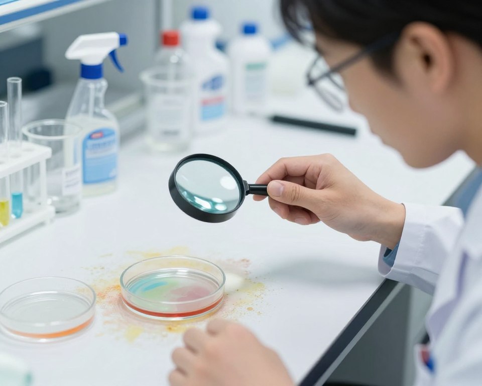 A close-up view of a lab technician in smart casual attire, examining a surface that shows visible residue buildup from various disinfectant sprays. The foreground features a clear glass petri dish filled with colored liquid samples, emphasizing the chemical analysis aspect. In the middle, the technician holds a magnifying glass to inspect the surface, while the textured surface displays patches of different colors indicating residue from multiple products. The background is softly blurred, showcasing lab equipment like beakers and pipettes, bathed in bright, sterile lighting. The atmosphere is clinical and focused, emphasizing the importance of thorough examination to identify potential cleaning mishaps. The angle is slightly over-the-shoulder, providing perspective on the technician's meticulous work.