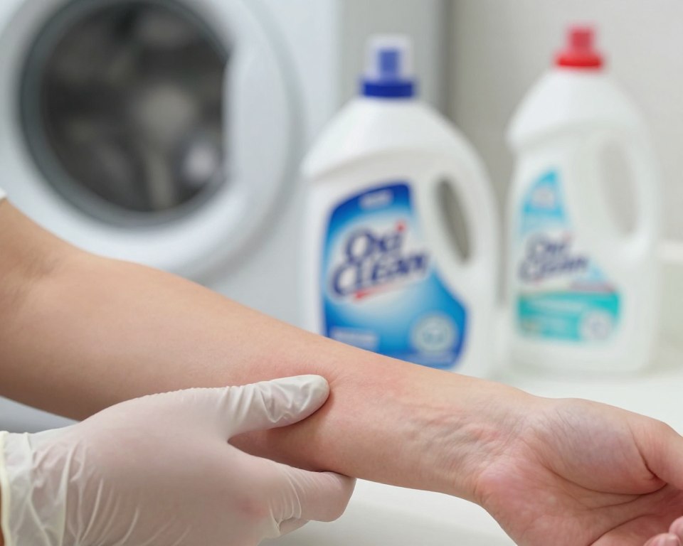 A close-up view of a pair of hands gently examining skin on a forearm, showing subtle signs of irritation such as redness and mild rash. In the foreground, the hands are wearing disposable gloves, emphasizing a sterile environment. The middle ground presents an OxiClean container softly blurred, hinting at the product in question. The background features a laundry room setup, with a washing machine and detergent bottles neatly arranged, bathed in soft, natural lighting to create a calm yet clinical atmosphere. The image should evoke a sense of caution and awareness, highlighting potential health risks associated with product use. The overall mood should be informative and serious without being alarming, focusing on skin safety while using household cleaning products. A close-up view of a pair of hands gently examining skin on a forearm, showing subtle signs of irritation such as redness and mild rash. In the foreground, the hands are wearing disposable gloves, emphasizing a sterile environment. The middle ground presents an OxiClean container softly blurred, hinting at the product in question. The background features a laundry room setup, with a washing machine and detergent bottles neatly arranged, bathed in soft, natural lighting to create a calm yet clinical atmosphere. The image should evoke a sense of caution and awareness, highlighting potential health risks associated with product use. The overall mood should be informative and serious without being alarming, focusing on skin safety while using household cleaning products.