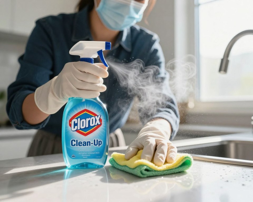 A close-up view of a person wearing a protective mask and gloves, diligently cleaning a kitchen counter with Clorox Clean-Up Cleaner with Bleach. The foreground features the product prominently, with droplets of cleaner visible on the surface, capturing the essence of cleaning. In the middle ground, the person appears focused, showcasing professional business attire, emphasizing safety while cleaning. The background depicts a well-lit kitchen environment, with sunlight streaming through a window, creating a bright and slightly hazy atmosphere that illustrates the presence of bleach fumes. The image should convey a sense of caution and awareness surrounding the chemical, highlighting both the act of cleaning and the potential risks associated with inhaling fumes. A close-up view of a person wearing a protective mask and gloves, diligently cleaning a kitchen counter with Clorox Clean-Up Cleaner with Bleach. The foreground features the product prominently, with droplets of cleaner visible on the surface, capturing the essence of cleaning. In the middle ground, the person appears focused, showcasing professional business attire, emphasizing safety while cleaning. The background depicts a well-lit kitchen environment, with sunlight streaming through a window, creating a bright and slightly hazy atmosphere that illustrates the presence of bleach fumes. The image should convey a sense of caution and awareness surrounding the chemical, highlighting both the act of cleaning and the potential risks associated with inhaling fumes.