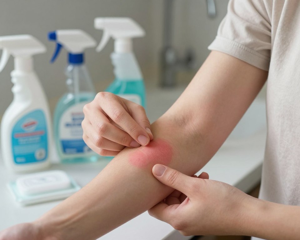 A close-up view of a person's forearm being tested for skin irritation from a cleaning product. The forearm is shown with a small patch of skin exposed, revealing a mild red rash, indicating irritation. The person is dressed in a modest, light-colored short-sleeved shirt. Surrounding the arm are various cleaning products, including sprays and wipes, neatly arranged on a clean countertop. Soft, natural lighting illuminates the scene, highlighting the texture of the irritated skin and the bottles. The background is blurred to focus attention on the arm and products, creating a clinical atmosphere that conveys the importance of a patch test. The mood is professional yet informative, emphasizing safety in everyday cleaning routines. A close-up view of a person's forearm being tested for skin irritation from a cleaning product. The forearm is shown with a small patch of skin exposed, revealing a mild red rash, indicating irritation. The person is dressed in a modest, light-colored short-sleeved shirt. Surrounding the arm are various cleaning products, including sprays and wipes, neatly arranged on a clean countertop. Soft, natural lighting illuminates the scene, highlighting the texture of the irritated skin and the bottles. The background is blurred to focus attention on the arm and products, creating a clinical atmosphere that conveys the importance of a patch test. The mood is professional yet informative, emphasizing safety in everyday cleaning routines.