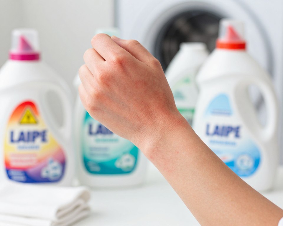 A close-up view of a person's forearm displaying a noticeable skin irritation, specifically a red, inflamed rash, caused by laundry detergent. The arm is positioned centrally in the foreground, with a slight angle to emphasize the affected area. Surrounding the arm, include various laundry detergent bottles with colorful labels, some with a warning symbol to signal potential allergens. The background should be softly out of focus, depicting a clean laundry room with bright lighting and clean linen to contrast against the irritation. The mood should be educational yet concerning, highlighting the impact of common detergent ingredients on skin health, while maintaining a warm and inviting atmosphere. A close-up view of a person's forearm displaying a noticeable skin irritation, specifically a red, inflamed rash, caused by laundry detergent. The arm is positioned centrally in the foreground, with a slight angle to emphasize the affected area. Surrounding the arm, include various laundry detergent bottles with colorful labels, some with a warning symbol to signal potential allergens. The background should be softly out of focus, depicting a clean laundry room with bright lighting and clean linen to contrast against the irritation. The mood should be educational yet concerning, highlighting the impact of common detergent ingredients on skin health, while maintaining a warm and inviting atmosphere.