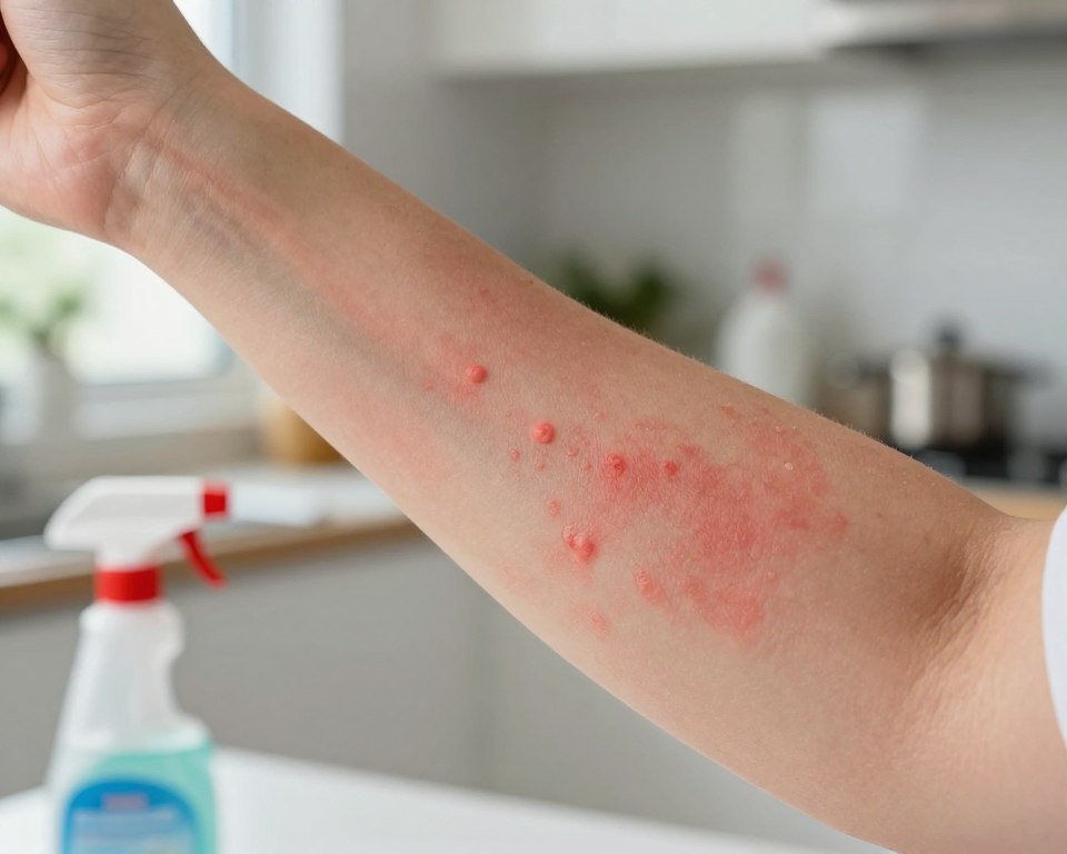 A close-up view of a person's forearm exhibiting red, inflamed patches of contact dermatitis, indicative of a reaction to household cleaners. The skin shows clear signs of irritation, with raised bumps and scaling, contrasting against the normal, healthy skin tone. In the foreground, a bottle of cleaning solution is partially visible, emphasizing the trigger for the dermatitis. The background features a tidy kitchen with various cleaning supplies subtly displayed, hinting at a domestic setting. Soft natural lighting filters through a nearby window, giving the scene a calm yet concerned atmosphere. The image should evoke a sense of awareness about the effects of cleaning products on skin health, maintaining a professional and informative tone. A close-up view of a person's forearm exhibiting red, inflamed patches of contact dermatitis, indicative of a reaction to household cleaners. The skin shows clear signs of irritation, with raised bumps and scaling, contrasting against the normal, healthy skin tone. In the foreground, a bottle of cleaning solution is partially visible, emphasizing the trigger for the dermatitis. The background features a tidy kitchen with various cleaning supplies subtly displayed, hinting at a domestic setting. Soft natural lighting filters through a nearby window, giving the scene a calm yet concerned atmosphere. The image should evoke a sense of awareness about the effects of cleaning products on skin health, maintaining a professional and informative tone.