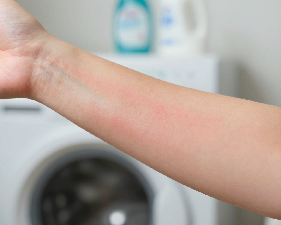 A close-up view of a person's forearm exhibiting signs of a detergent-induced skin reaction, characterized by subtle redness and mild swelling. The skin texture should appear irritated but not overly dramatic, conveying the concept of contact dermatitis. In the background, a laundry room setting with detergents and fabric softeners visible, hinting at the source of the reaction. Soft, diffused lighting highlights the skin's texture and color, creating a clinical yet soft atmosphere. The angle should be slightly above the arm, focusing on the affected area while ensuring the overall composition remains informative and professional. The mood is scientific and educational, suitable for understanding the effects of laundry detergents on skin sensitivity.