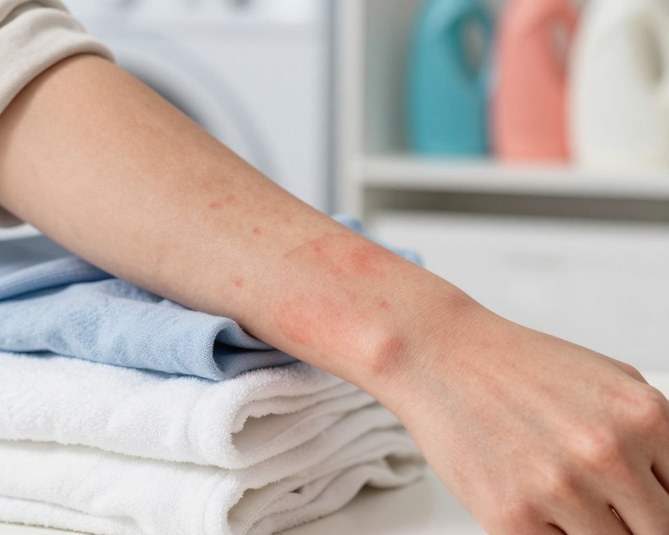 A close-up view of a person's forearm, showcasing mild but visible skin irritation from laundry detergent. The skin appears slightly red and inflamed, with small patches of dryness and irritation, emphasizing the discomfort caused by chemical exposure. The individual is wearing a modest, light-colored shirt, with their arm propped against a folded, fresh laundry pile in the background. Soft, diffused natural light illuminates the scene, creating a calm and clinical atmosphere. The background features a blurred laundry room with colorful detergent bottles on a shelf, hinting at common chemical culprits. The overall mood evokes a sense of caution and awareness, focusing on the importance of understanding skin reactions to modern detergents.