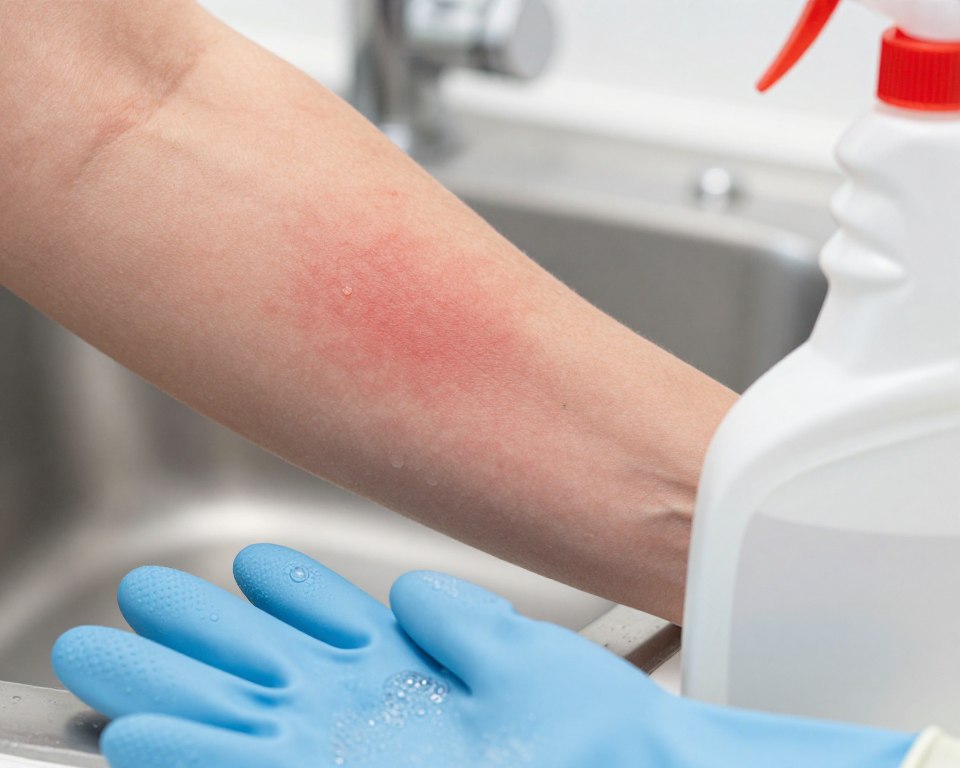 A close-up view of a person's forearm showing a skin rash caused by cleaning products. The skin should appear red and irritated, highlighting an area where the irritation is most pronounced. In the foreground, a pair of rubber gloves should be placed beside a bottle of a typical household cleaning product, with visible aromatic bubbles and droplets to emphasize action. In the middle ground, a partially visible kitchen sink can be seen, subtly indicated to represent the cleaning task environment. The background features soft, diffused lighting that creates a clinical and informative atmosphere. Capture the scene with a slight tilt-up angle to draw attention to the irritation on the skin while maintaining a clean and professional appearance. A close-up view of a person's forearm showing a skin rash caused by cleaning products. The skin should appear red and irritated, highlighting an area where the irritation is most pronounced. In the foreground, a pair of rubber gloves should be placed beside a bottle of a typical household cleaning product, with visible aromatic bubbles and droplets to emphasize action. In the middle ground, a partially visible kitchen sink can be seen, subtly indicated to represent the cleaning task environment. The background features soft, diffused lighting that creates a clinical and informative atmosphere. Capture the scene with a slight tilt-up angle to draw attention to the irritation on the skin while maintaining a clean and professional appearance.