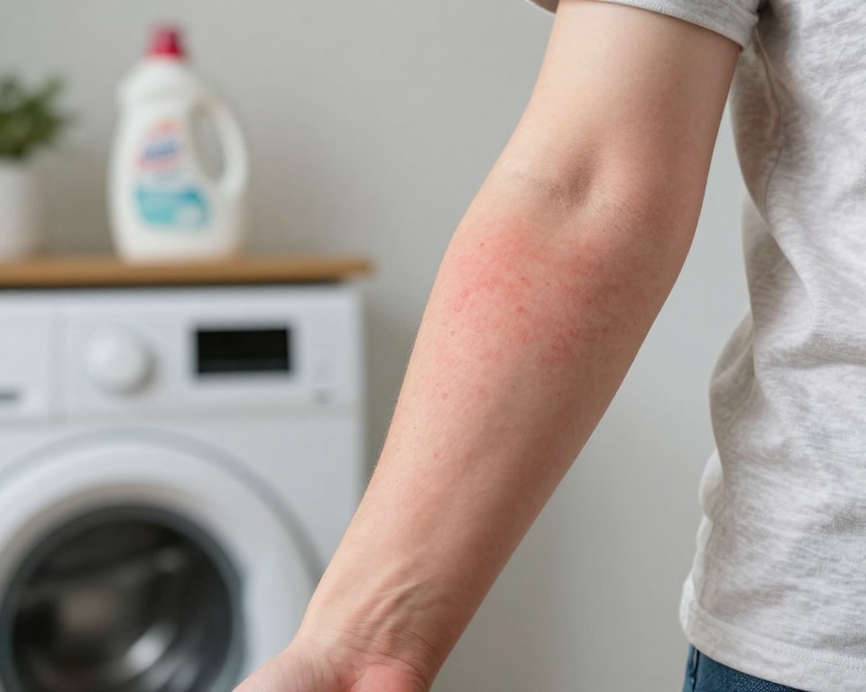 A close-up view of a person's forearm showing signs of a rash and irritation as a result of laundry detergent sensitivity. The skin displays red, irritated patches with small bumps and dryness. The background features a softly blurred laundry room, including a washing machine and detergent bottles on the shelf, conveying a typical domestic setting. Natural lighting illuminates the scene, highlighting the texture of the skin and the details of the rash. The atmosphere is clinical yet relatable, aiming to evoke concern and awareness about the symptoms of laundry soap allergy. The person is wearing a modest short-sleeve shirt. Focus on a professional aesthetic, avoiding any distractions or unrelated elements in the image. A close-up view of a person's forearm showing signs of a rash and irritation as a result of laundry detergent sensitivity. The skin displays red, irritated patches with small bumps and dryness. The background features a softly blurred laundry room, including a washing machine and detergent bottles on the shelf, conveying a typical domestic setting. Natural lighting illuminates the scene, highlighting the texture of the skin and the details of the rash. The atmosphere is clinical yet relatable, aiming to evoke concern and awareness about the symptoms of laundry soap allergy. The person is wearing a modest short-sleeve shirt. Focus on a professional aesthetic, avoiding any distractions or unrelated elements in the image.
