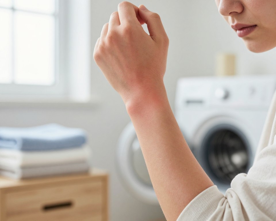 A close-up view of a person's lower arm showing subtle, irritated skin patches caused by detergent. The skin appears slightly red and inflamed, focusing on the texture and details of the irritation. The individual is wearing a modest long-sleeved shirt, looking concerned but calm. In the background, a laundry room is softly lit with bright, natural light streaming in from a window, highlighting a washing machine and neatly folded towels. The atmosphere conveys a sense of caution and mindfulness. The composition should be from a slightly elevated angle, capturing the arm and background effectively while maintaining a professional appearance.