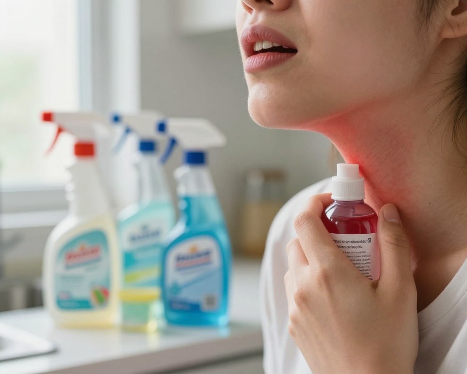 A close-up view of a person's throat, illustrating signs of irritation, such as redness and discomfort, in a clinical setting. In the foreground, a hand holds a common cleaning product bottle with visible caution labels. The middle features various cleaning agents, like sprays and wipes, artistically arranged on a countertop, emphasizing their harsh chemical nature. The background is softly blurred, depicting a well-lit kitchen environment that suggests regular cleaning activities. Soft, natural light from a nearby window creates a warm yet clinical atmosphere, enhancing the focus on the throat and the cleaning products. The mood is serious and informative, aimed at raising awareness of chemical irritants while remaining professional and safe for work. A close-up view of a person's throat, illustrating signs of irritation, such as redness and discomfort, in a clinical setting. In the foreground, a hand holds a common cleaning product bottle with visible caution labels. The middle features various cleaning agents, like sprays and wipes, artistically arranged on a countertop, emphasizing their harsh chemical nature. The background is softly blurred, depicting a well-lit kitchen environment that suggests regular cleaning activities. Soft, natural light from a nearby window creates a warm yet clinical atmosphere, enhancing the focus on the throat and the cleaning products. The mood is serious and informative, aimed at raising awareness of chemical irritants while remaining professional and safe for work.