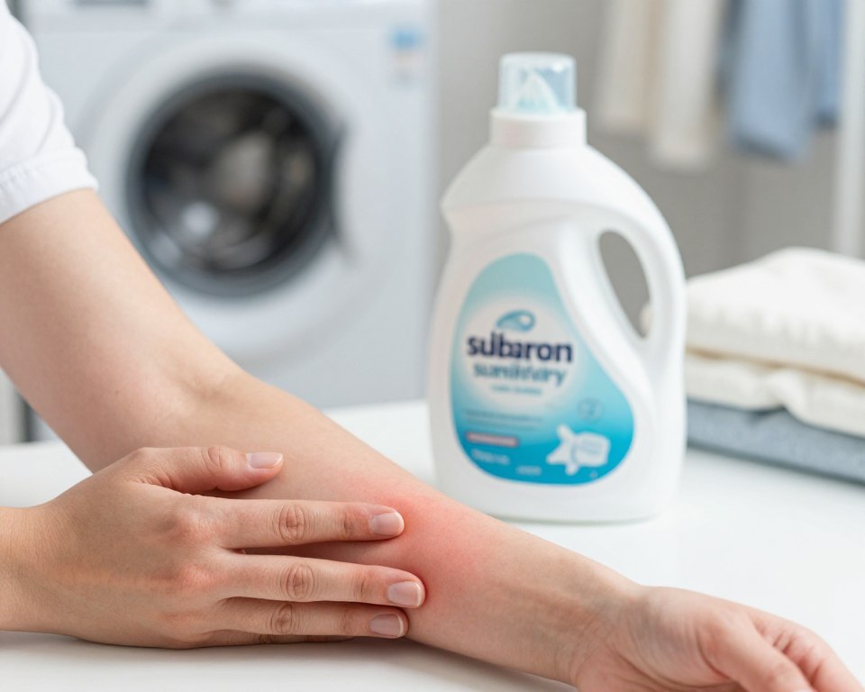 A close-up view of a person’s arm displaying a red, irritated rash, highlighting the impact of clothing detergent sensitivity. The foreground features a focused shot of the rash with a gentle hand touching the skin, symbolizing concern and discomfort. In the middle, a bottle of laundry detergent sits on a clean, white surface, with ingredients labels subtly visible, suggesting allergenic components. The background is softly blurred, showcasing a laundry room setting with a washing machine and clean clothes. The lighting is bright and clean, conveying a clinical atmosphere, while the overall mood is serious and educational, aimed to inform viewers about sensitivity risks associated with laundry detergent. The angle is slightly top-down, emphasizing the arm and detergent while keeping the scene cohesive. A close-up view of a person’s arm displaying a red, irritated rash, highlighting the impact of clothing detergent sensitivity. The foreground features a focused shot of the rash with a gentle hand touching the skin, symbolizing concern and discomfort. In the middle, a bottle of laundry detergent sits on a clean, white surface, with ingredients labels subtly visible, suggesting allergenic components. The background is softly blurred, showcasing a laundry room setting with a washing machine and clean clothes. The lighting is bright and clean, conveying a clinical atmosphere, while the overall mood is serious and educational, aimed to inform viewers about sensitivity risks associated with laundry detergent. The angle is slightly top-down, emphasizing the arm and detergent while keeping the scene cohesive.