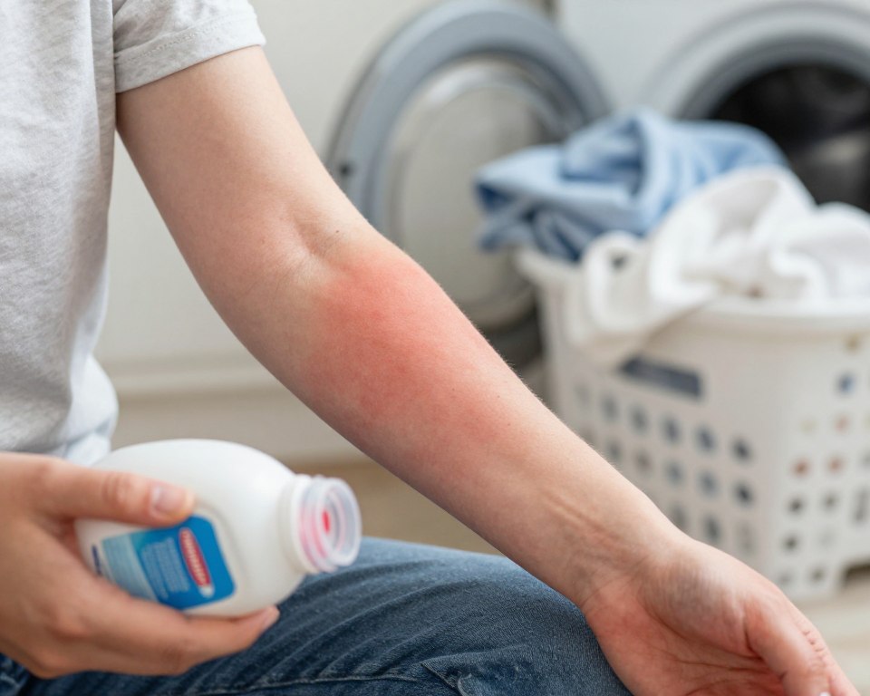 A close-up view of a person’s arm displaying a reddish, irritated rash caused by an allergic reaction to laundry detergent, emphasizing the texture of the skin and the severity of the dermatitis. The individual, dressed in casual clothing, holds a box of laundry detergent in one hand, looking concerned. In the background, various laundry items are neatly arranged, highlighting a domestic setting. Soft, natural lighting casts gentle shadows, enhancing the details of the rash while maintaining an informative and empathetic mood. The composition captures both the discomfort of the allergic reaction and the context of typical laundry activities, creating a relatable and educational scene. A close-up view of a person’s arm displaying a reddish, irritated rash caused by an allergic reaction to laundry detergent, emphasizing the texture of the skin and the severity of the dermatitis. The individual, dressed in casual clothing, holds a box of laundry detergent in one hand, looking concerned. In the background, various laundry items are neatly arranged, highlighting a domestic setting. Soft, natural lighting casts gentle shadows, enhancing the details of the rash while maintaining an informative and empathetic mood. The composition captures both the discomfort of the allergic reaction and the context of typical laundry activities, creating a relatable and educational scene.