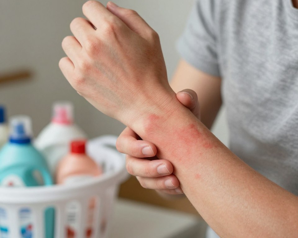 A close-up view of a person’s forearm, exhibiting clear signs of a laundry detergent allergy, including red, inflamed rashes and dry patches. The hand is gently touching the affected area to illustrate concern. The individual is dressed in a modest casual shirt, providing a professional appearance. Soft, natural lighting enhances the detail of the skin texture, creating a warm and informative atmosphere. In the background, a laundry basket with various detergent bottles is slightly blurred, emphasizing the focus on the rash while hinting at the cause. The angle of the shot is slightly above the arm, allowing for a detailed examination of the rash without being intrusive. The overall mood is serious yet informative, aiming to educate viewers on allergic reactions. A close-up view of a person’s forearm, exhibiting clear signs of a laundry detergent allergy, including red, inflamed rashes and dry patches. The hand is gently touching the affected area to illustrate concern. The individual is dressed in a modest casual shirt, providing a professional appearance. Soft, natural lighting enhances the detail of the skin texture, creating a warm and informative atmosphere. In the background, a laundry basket with various detergent bottles is slightly blurred, emphasizing the focus on the rash while hinting at the cause. The angle of the shot is slightly above the arm, allowing for a detailed examination of the rash without being intrusive. The overall mood is serious yet informative, aiming to educate viewers on allergic reactions.