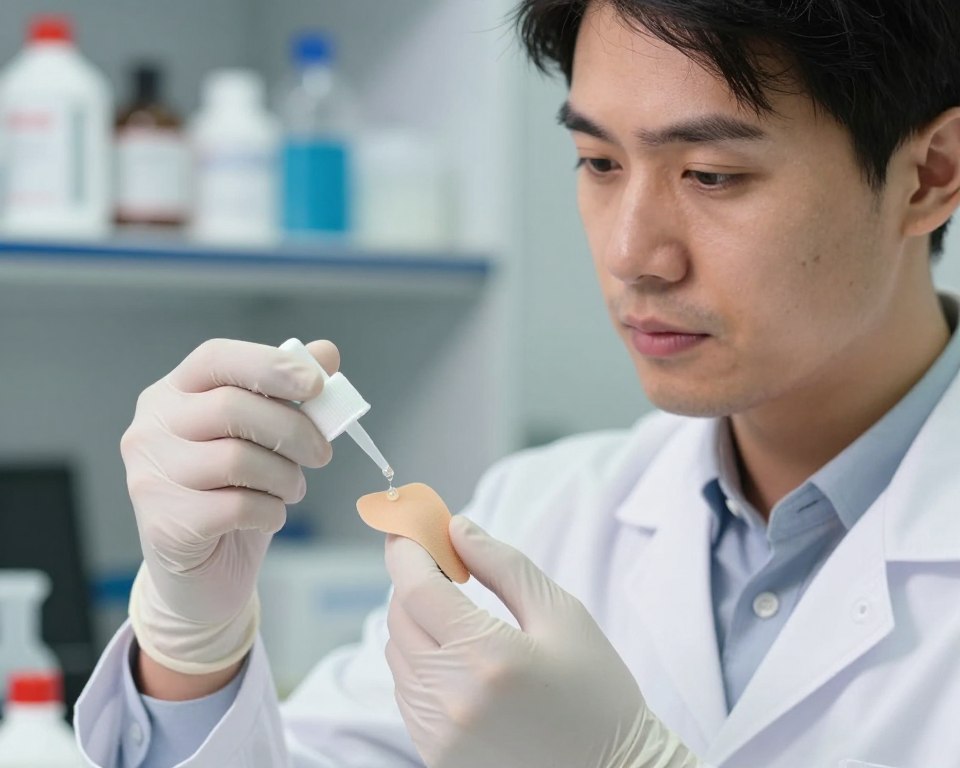 A close-up view of a professional in a lab coat, gloved hands applying a few drops of cleaning chemical onto a skin patch, representing the concept of dermal absorption. The individual is focused, showcasing a thoughtful expression, highlighting the scientific inquiry into skin absorption. The background features a blurred laboratory setting with various cleaning products and scientific equipment on a shelf, adding context. Soft, diffuse lighting illuminates the scene, creating a clean and sterile atmosphere. The angle is slightly above eye level, emphasizing the subject's concentration and the application on skin. The overall mood is serious and informative, suggesting a blend of science and health.