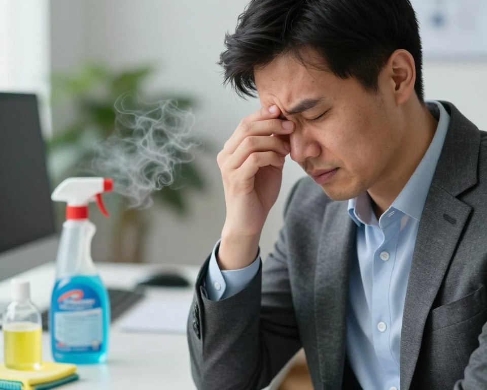 A close-up view of a professional in an office setting, wearing modest business attire, showing signs of chemical exposure. The foreground features the person's face with a subtle grimace, eyes half-closed, indicating dizziness. The middle ground showcases cleaning products on a desk, including sprays and wipes, with a faint mist emanating from them. The background portrays office elements like a computer and plants, slightly blurred to create depth. Soft, diffused lighting enhances the scene, highlighting the person's expression and the cleaning products. The atmosphere is tense yet informative, evoking concern about chemical exposure dangers in everyday environments. A close-up view of a professional in an office setting, wearing modest business attire, showing signs of chemical exposure. The foreground features the person's face with a subtle grimace, eyes half-closed, indicating dizziness. The middle ground showcases cleaning products on a desk, including sprays and wipes, with a faint mist emanating from them. The background portrays office elements like a computer and plants, slightly blurred to create depth. Soft, diffused lighting enhances the scene, highlighting the person's expression and the cleaning products. The atmosphere is tense yet informative, evoking concern about chemical exposure dangers in everyday environments.