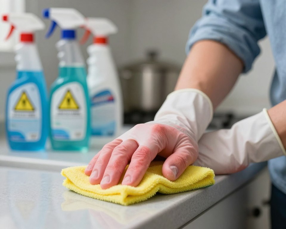 A close-up view of a professional in modest casual clothing, wearing gloves while cleaning a kitchen surface with vibrant cleaning chemicals. Focus on their hands, showing slight redness and irritation on the skin as signs of chemical exposure. In the background, a blurred kitchen setting filled with cleaning products, some labeled with caution symbols. Soft, diffused lighting to highlight the textures of the skin and the products, creating a slightly tense atmosphere that suggests caution. The lens should capture a shallow depth of field, ensuring the focal point remains on the hand while softly blurring the surrounding elements, emphasizing the risks associated with skin contact with cleaning chemicals.