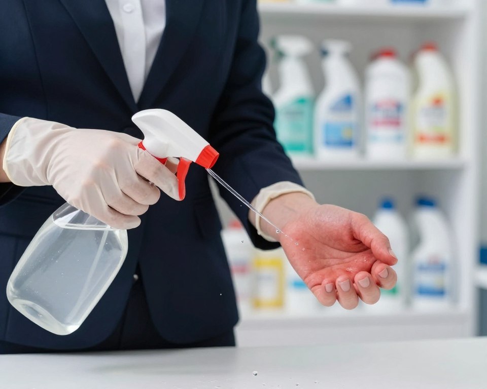 A close-up view of a professional setting where a person in business attire is handling cleaning chemicals. The foreground features a gloved hand applying a cleaning solution to a surface, droplets of the solution glistening under overhead lights. The middle ground shows the skin on the wrist of the person, slightly irritated and red, emphasizing the potential impact of chemical exposure. The background consists of a well-organized cleaning station with various cleaning products displayed neatly on shelves. Soft, diffused lighting creates a clinical yet focused atmosphere, with a shallow depth of field that draws attention to the interaction between the cleaning chemicals and skin health, illustrating the concept of absorption through the skin.