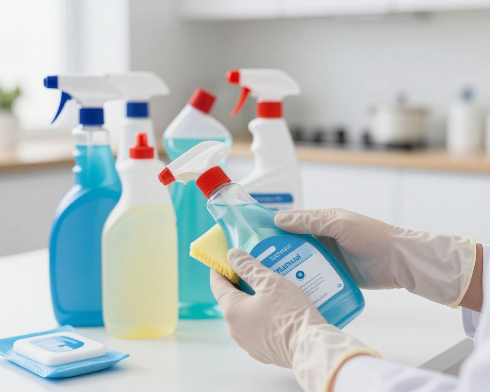 A close-up view of a professional workspace illustrating the skin absorption of cleaning chemicals. In the foreground, place a pair of hands with gloved protection handling various cleaning products, showcasing labels indicating harmful ingredients. The middle ground should feature a diverse range of cleaning supplies, including sprays, bottles, and wipes, designed to highlight high-risk substances. In the background, softly blurred, depict a modern kitchen or office setting, emphasizing cleanliness. Use bright, sterile lighting to create a clinical atmosphere, with a slight focus on the hands and products to enhance detail and realism. Capture the seriousness of the subject matter while maintaining a professional tone.