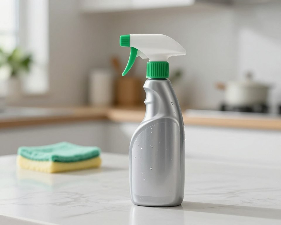A close-up view of a sleek, modern disinfectant spray bottle placed prominently in the foreground, its label clearly visible but without any text. The bottle is metallic silver with a vibrant green cap, glistening with droplets of liquid. In the middle ground, a surface being cleaned, like a kitchen countertop or a disinfected table, is shown with a faint sheen, suggesting freshness. In the background, softly blurred, is a well-lit and tidy kitchen environment with a hint of greenery from a houseplant, creating a clean and inviting atmosphere. The lighting is bright and natural, casting soft shadows, enhancing the sense of hygiene and safety. The mood is calm and focused, reflecting the importance of proper disinfectant use. A close-up view of a sleek, modern disinfectant spray bottle placed prominently in the foreground, its label clearly visible but without any text. The bottle is metallic silver with a vibrant green cap, glistening with droplets of liquid. In the middle ground, a surface being cleaned, like a kitchen countertop or a disinfected table, is shown with a faint sheen, suggesting freshness. In the background, softly blurred, is a well-lit and tidy kitchen environment with a hint of greenery from a houseplant, creating a clean and inviting atmosphere. The lighting is bright and natural, casting soft shadows, enhancing the sense of hygiene and safety. The mood is calm and focused, reflecting the importance of proper disinfectant use.