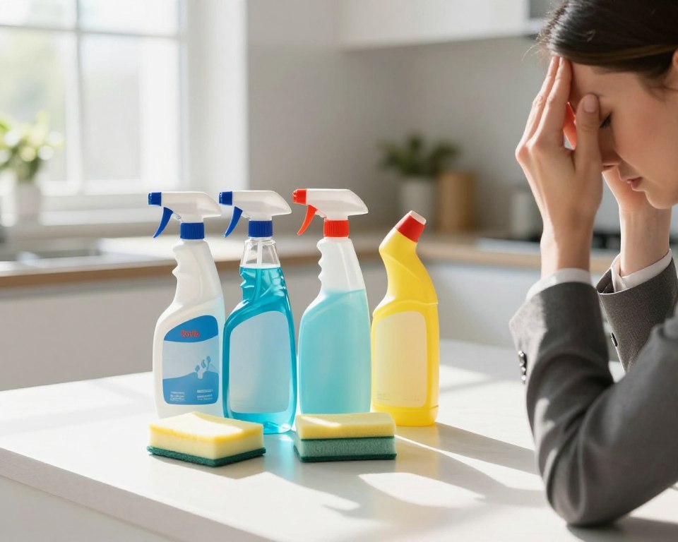 A close-up view of a thoughtfully arranged cleaning supplies table, featuring various cleaning products like sprays, wipes, and bottles on a kitchen counter. The foreground includes a person, dressed in professional business attire, holding their head in mild discomfort, symbolizing a headache caused by the products. In the middle ground, bright, natural daylight streams through a nearby window, casting soft shadows and highlighting the labels of the bottles. The background shows a clean, organized kitchen, emphasizing freshness yet hinting at potentially hidden irritants. The mood captures a concern for health and cleanliness, achieved through vibrant colors and soft, inviting light. The overall atmosphere is one of contemplation and awareness regarding the effects of seemingly harmless cleaning products. A close-up view of a thoughtfully arranged cleaning supplies table, featuring various cleaning products like sprays, wipes, and bottles on a kitchen counter. The foreground includes a person, dressed in professional business attire, holding their head in mild discomfort, symbolizing a headache caused by the products. In the middle ground, bright, natural daylight streams through a nearby window, casting soft shadows and highlighting the labels of the bottles. The background shows a clean, organized kitchen, emphasizing freshness yet hinting at potentially hidden irritants. The mood captures a concern for health and cleanliness, achieved through vibrant colors and soft, inviting light. The overall atmosphere is one of contemplation and awareness regarding the effects of seemingly harmless cleaning products.