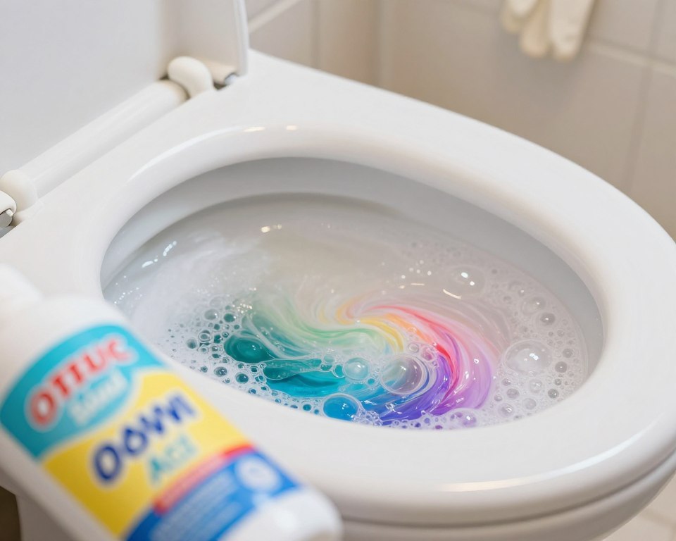 A close-up view of a toilet bowl filled with a swirling mixture of bleach and toilet bowl cleaner, vibrant bubbles forming on the surface to illustrate a chemical reaction. The foreground features colorful labels of common toilet bowl cleaner ingredients such as hydrochloric acid and surfactants, slightly blurred for depth. In the middle ground, the toilet bowl is glossy and white, reflecting the chemical reaction, while a pair of rubber gloves rests nearby, hinting at safety precautions. The background is a soft-focus bathroom setting, softly lit with warm lighting that adds a serious but informative atmosphere. The angle is slightly tilted to emphasize the dramatic reaction, capturing the vivid colors of the bubbling mixture, ensuring all elements represent the subject matter clearly. A close-up view of a toilet bowl filled with a swirling mixture of bleach and toilet bowl cleaner, vibrant bubbles forming on the surface to illustrate a chemical reaction. The foreground features colorful labels of common toilet bowl cleaner ingredients such as hydrochloric acid and surfactants, slightly blurred for depth. In the middle ground, the toilet bowl is glossy and white, reflecting the chemical reaction, while a pair of rubber gloves rests nearby, hinting at safety precautions. The background is a soft-focus bathroom setting, softly lit with warm lighting that adds a serious but informative atmosphere. The angle is slightly tilted to emphasize the dramatic reaction, capturing the vivid colors of the bubbling mixture, ensuring all elements represent the subject matter clearly.