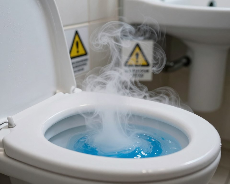 A close-up view of a toilet bowl filled with swirling, vibrant blue toilet bowl cleaner, surrounded by wisps of white bleach fumes rising dramatically. The foreground features a slightly foggy bathroom atmosphere with condensation on nearby surfaces, hinting at a humid setting. In the middle, a warning sign is subtly placed, indicating the danger of mixing these two products; it’s designed to catch the viewer’s attention without overpowering the primary subject. The background includes blurred bathroom tiles and a dimly lit sink, enhancing the tension of the scene. The lighting is soft yet dramatic, emphasizing the fumes with a hazy glow, creating a sense of urgency and caution. The overall mood is tense and alert, urging viewers to be mindful of safety. A close-up view of a toilet bowl filled with swirling, vibrant blue toilet bowl cleaner, surrounded by wisps of white bleach fumes rising dramatically. The foreground features a slightly foggy bathroom atmosphere with condensation on nearby surfaces, hinting at a humid setting. In the middle, a warning sign is subtly placed, indicating the danger of mixing these two products; it’s designed to catch the viewer’s attention without overpowering the primary subject. The background includes blurred bathroom tiles and a dimly lit sink, enhancing the tension of the scene. The lighting is soft yet dramatic, emphasizing the fumes with a hazy glow, creating a sense of urgency and caution. The overall mood is tense and alert, urging viewers to be mindful of safety.