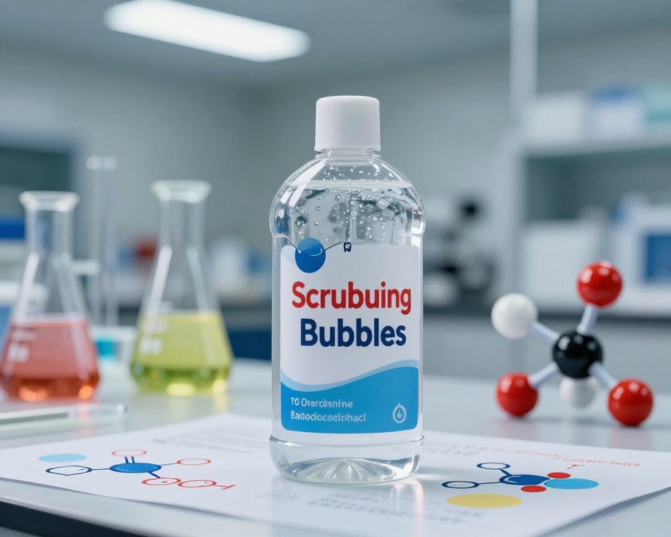 A close-up view of a transparent Scrubbing Bubbles Cleaner bottle on a laboratory table, surrounded by various chemical compounds and molecular models. In the foreground, emphasize the textured surface of the bottle with a glint of light reflecting off it. The middle ground includes colorful chemical labels and structured molecular diagrams illustrating the ingredients, creating a scientific atmosphere. In the background, soft-focus laboratory equipment like beakers and test tubes, illuminated by gentle overhead fluorescent lighting, enhancing the sterile, analytical setting. The overall mood should be informative and clear, evoking curiosity about chemical composition with a professional aesthetic, suitable for academic use. No text or any other graphic elements should be present. A close-up view of a transparent Scrubbing Bubbles Cleaner bottle on a laboratory table, surrounded by various chemical compounds and molecular models. In the foreground, emphasize the textured surface of the bottle with a glint of light reflecting off it. The middle ground includes colorful chemical labels and structured molecular diagrams illustrating the ingredients, creating a scientific atmosphere. In the background, soft-focus laboratory equipment like beakers and test tubes, illuminated by gentle overhead fluorescent lighting, enhancing the sterile, analytical setting. The overall mood should be informative and clear, evoking curiosity about chemical composition with a professional aesthetic, suitable for academic use. No text or any other graphic elements should be present.