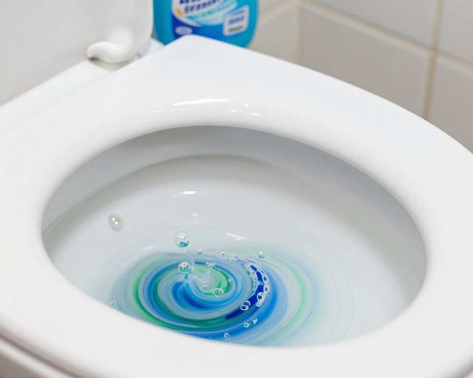 A close-up view of a vivid chemical reaction inside a toilet bowl, showcasing vibrant colored swirls and bubbling effervescence as bleach interacts with toilet bowl cleaner. In the foreground, focus on the swirling liquid, capturing details like tiny bubbles forming and rising to the surface, with shades of blue and green contrasting against the white ceramic bowl. The middle ground should subtly blend the products’ labels, hinting at their chemical nature without focusing on branding. The background is softly blurred, emphasizing the foreground while hinting at an average bathroom setting with muted tiles. The lighting is bright and clinical, suggesting a laboratory-like atmosphere. The overall mood conveys a sense of curiosity and caution, highlighting the importance of understanding chemical reactions. A close-up view of a vivid chemical reaction inside a toilet bowl, showcasing vibrant colored swirls and bubbling effervescence as bleach interacts with toilet bowl cleaner. In the foreground, focus on the swirling liquid, capturing details like tiny bubbles forming and rising to the surface, with shades of blue and green contrasting against the white ceramic bowl. The middle ground should subtly blend the products’ labels, hinting at their chemical nature without focusing on branding. The background is softly blurred, emphasizing the foreground while hinting at an average bathroom setting with muted tiles. The lighting is bright and clinical, suggesting a laboratory-like atmosphere. The overall mood conveys a sense of curiosity and caution, highlighting the importance of understanding chemical reactions.