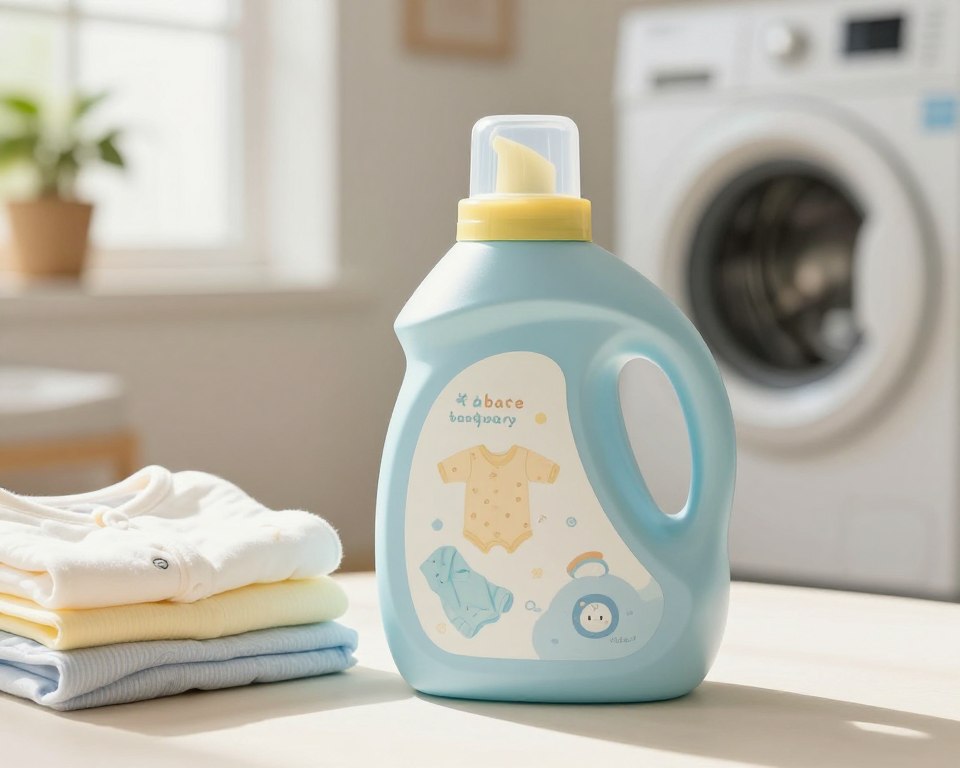 A close-up view of a well-designed bottle of baby laundry detergent, featuring soft pastel colors like pale blue and gentle yellow. The bottle should have a child-friendly shape with a secure cap and a label displaying delicate designs of baby items such as onesies and blankets. Set in a cozy laundry room environment, the foreground includes a small stack of freshly washed baby clothes, neatly folded, with a gentle sunlight streaming through a nearby window, creating a warm and inviting atmosphere. In the background, a vintage washing machine and some potted plants add to the homely feel. The focus should be sharp on the detergent and the baby clothes, with soft bokeh effects on the background, evoking a sense of care and tenderness appropriate for delicate baby skin.