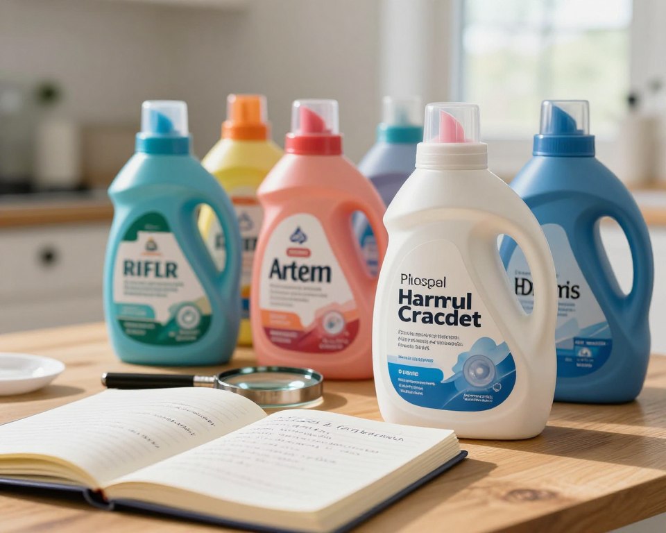 A close-up view of a wooden table cluttered with various standard laundry detergent bottles, each displaying visible ingredient labels highlighting harmful components like phosphates, artificial fragrances, and dyes. In the foreground, an open notebook with handwritten notes on harmful chemicals contrasts against the colorful detergent bottles. The middle ground features a magnifying glass focusing on a label, enhancing the emphasis on detailed analysis. The background softens into a light-filled kitchen setting with a window that lets in natural sunlight, casting gentle shadows. The mood is informative and serious, with an emphasis on safety. The image is shot with a 50mm lens, ensuring a shallow depth of field, highlighting the foreground elements while softly blurring the background. A close-up view of a wooden table cluttered with various standard laundry detergent bottles, each displaying visible ingredient labels highlighting harmful components like phosphates, artificial fragrances, and dyes. In the foreground, an open notebook with handwritten notes on harmful chemicals contrasts against the colorful detergent bottles. The middle ground features a magnifying glass focusing on a label, enhancing the emphasis on detailed analysis. The background softens into a light-filled kitchen setting with a window that lets in natural sunlight, casting gentle shadows. The mood is informative and serious, with an emphasis on safety. The image is shot with a 50mm lens, ensuring a shallow depth of field, highlighting the foreground elements while softly blurring the background.