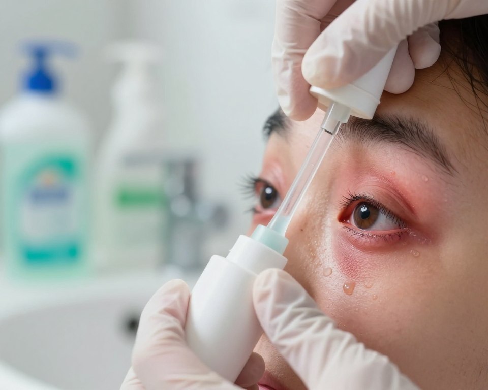 A close-up view of an eye showing signs of irritation and redness due to chemical burns, with droplets of cleaning product nearby. In the foreground, a pair of gloved hands gently holding an eye wash station, demonstrating first aid steps. The middle ground features a softly blurred context of a sink and cleaning supplies, emphasizing a domestic setting. The background is brightly lit but slightly hazy to indicate urgency, with a similar color palette of whites, greens, and soft blues to create a clinical, yet approachable atmosphere. Use a shallow depth of field to keep the focus on the eye and the eye wash, capturing the seriousness of chemical exposure while maintaining a professional tone. The image should evoke a sense of caution and the importance of immediate care. A close-up view of an eye showing signs of irritation and redness due to chemical burns, with droplets of cleaning product nearby. In the foreground, a pair of gloved hands gently holding an eye wash station, demonstrating first aid steps. The middle ground features a softly blurred context of a sink and cleaning supplies, emphasizing a domestic setting. The background is brightly lit but slightly hazy to indicate urgency, with a similar color palette of whites, greens, and soft blues to create a clinical, yet approachable atmosphere. Use a shallow depth of field to keep the focus on the eye and the eye wash, capturing the seriousness of chemical exposure while maintaining a professional tone. The image should evoke a sense of caution and the importance of immediate care.