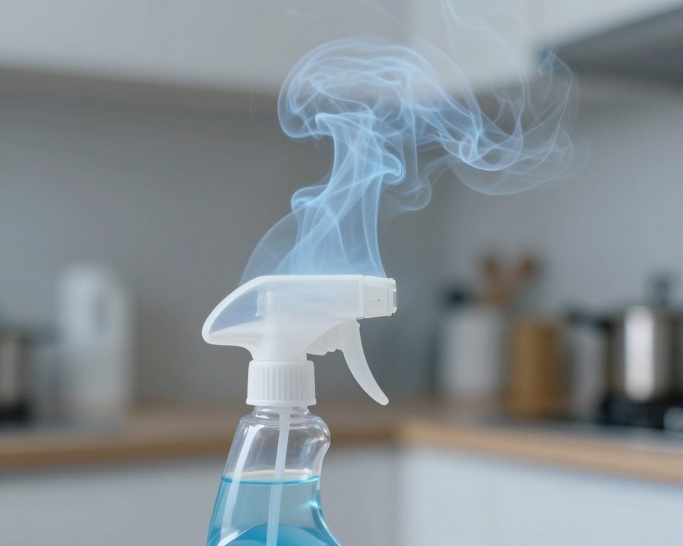 A close-up view of ethereal, swirling cleaning product fumes rising from an open spray bottle, set against a softly blurred kitchen background. The fumes should have a translucent, misty appearance, color gradients of light blue and white, creating an otherworldly effect. In the foreground, show the spray bottle with modern design features and a subtle sheen, positioned at a slight angle. The middle ground captures faint outlines of cleaning supplies, emphasizing their presence but not detracting from the fumes. Utilize soft, diffused lighting for a calm yet slightly tense atmosphere, suggesting the hidden dangers of common cleaning ingredients. The angle should be slightly above eye level to give perspective, focusing sharply on the fumes while maintaining an overall serene composition. A close-up view of ethereal, swirling cleaning product fumes rising from an open spray bottle, set against a softly blurred kitchen background. The fumes should have a translucent, misty appearance, color gradients of light blue and white, creating an otherworldly effect. In the foreground, show the spray bottle with modern design features and a subtle sheen, positioned at a slight angle. The middle ground captures faint outlines of cleaning supplies, emphasizing their presence but not detracting from the fumes. Utilize soft, diffused lighting for a calm yet slightly tense atmosphere, suggesting the hidden dangers of common cleaning ingredients. The angle should be slightly above eye level to give perspective, focusing sharply on the fumes while maintaining an overall serene composition.