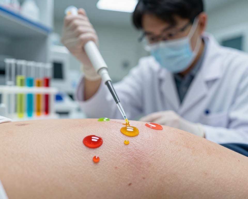 A close-up view of human skin in a laboratory setting, showcasing the absorption of colorful, liquid cleaning chemicals through the epidermis. The foreground highlights the skin's texture and pores, with vibrant droplets of chemical solutions pooling on the surface. In the middle ground, a researcher in professional attire observes the reaction, holding a pipette to the skin, emphasizing the process of absorption. The background features laboratory equipment and test tubes filled with brightly colored liquids, softly illuminated by diffuse overhead lighting, creating a scientific atmosphere. The overall mood is focused and educational, with an emphasis on environmental factors like humidity and temperature affecting chemical absorption. The composition should have a shallow depth of field to keep the focus on the skin and chemicals.