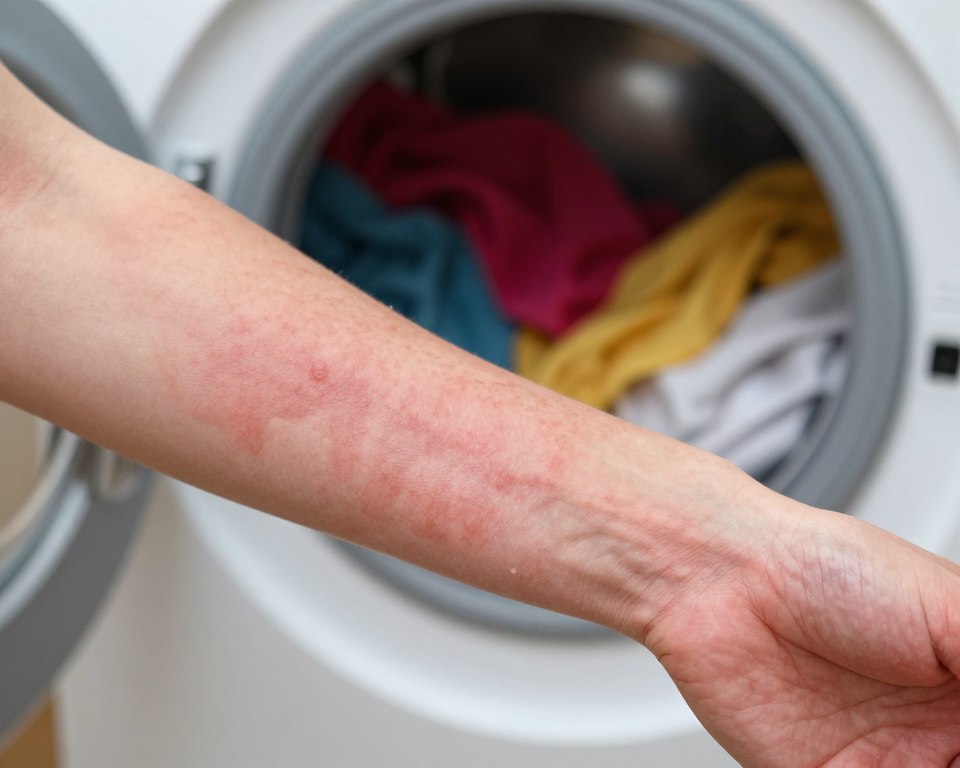 A close-up view of irritated skin on a forearm, showcasing redness and rashes clearly associated with detergent dermatitis. The skin appears slightly inflamed, with visible small patches and bumps, illustrating a reaction to laundry detergent. In the background, a washing machine filled with colorful, freshly laundered clothes, suggesting the source of irritation. Soft, diffuse lighting enhances the details of the skin texture and highlights the contrast of red against the natural skin tone. The angle is slightly tilted for a dynamic perspective, capturing the skin in sharp focus while the washing machine remains softly blurred, creating a clinical yet relatable atmosphere that emphasizes the connection between laundry detergent and skin reactions. A close-up view of irritated skin on a forearm, showcasing redness and rashes clearly associated with detergent dermatitis. The skin appears slightly inflamed, with visible small patches and bumps, illustrating a reaction to laundry detergent. In the background, a washing machine filled with colorful, freshly laundered clothes, suggesting the source of irritation. Soft, diffuse lighting enhances the details of the skin texture and highlights the contrast of red against the natural skin tone. The angle is slightly tilted for a dynamic perspective, capturing the skin in sharp focus while the washing machine remains softly blurred, creating a clinical yet relatable atmosphere that emphasizes the connection between laundry detergent and skin reactions.