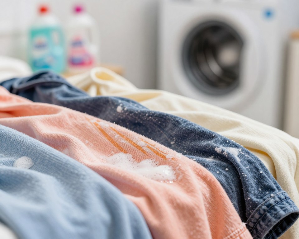 A close-up view of laundry clothes displaying visible detergent residue trapped in the fabric fibers. The foreground focuses on a textured pair of colorful cotton shirts, showcasing streaks and patches of white detergent residue. The middle ground features various angles of the fabric, allowing the texture to be highlighted under bright, natural lighting that emphasizes the sheen of the detergent. In the background, a soft-focus laundry room setting is visible, with a washing machine and detergent bottles, further contextualizing the scene. The atmosphere is informative and slightly concerning, evoking curiosity about laundry care. The composition should be shot at a slight angle to capture the dimensionality of the fabric, using a shallow depth of field to draw attention to the detergent residue details. A close-up view of laundry clothes displaying visible detergent residue trapped in the fabric fibers. The foreground focuses on a textured pair of colorful cotton shirts, showcasing streaks and patches of white detergent residue. The middle ground features various angles of the fabric, allowing the texture to be highlighted under bright, natural lighting that emphasizes the sheen of the detergent. In the background, a soft-focus laundry room setting is visible, with a washing machine and detergent bottles, further contextualizing the scene. The atmosphere is informative and slightly concerning, evoking curiosity about laundry care. The composition should be shot at a slight angle to capture the dimensionality of the fabric, using a shallow depth of field to draw attention to the detergent residue details.