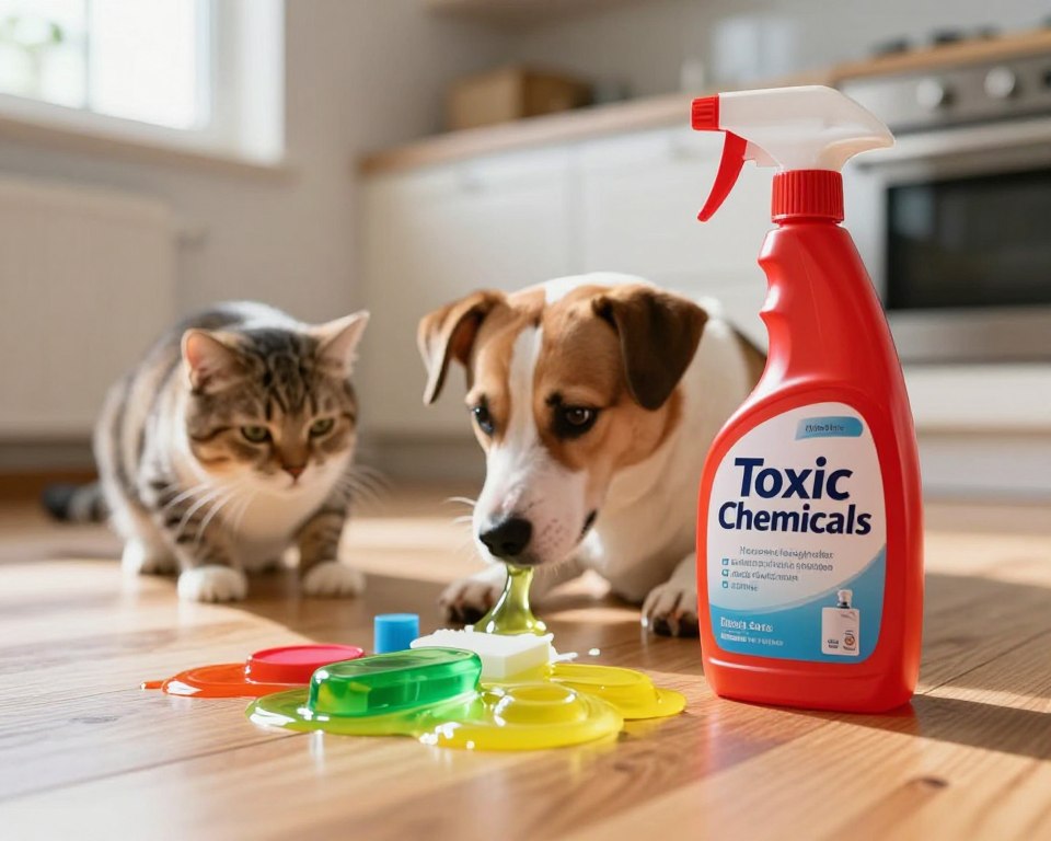 A close-up view of pet-safe floor cleaning products arranged on a polished wooden floor. In the foreground, a vibrant red spray bottle labeled "Toxic Chemicals" spills a colorful mix of harmful substances like bright green and yellow liquids, symbolizing common toxic ingredients such as ammonia and bleach. In the middle ground, a concerned cat and dog are cautiously sniffing the area, their expressions alert and wary. The background features a sunlit kitchen with light streaming through the window, casting soft shadows that enhance the warm atmosphere. The image is shot with a shallow depth of field, focusing on the cleaning products while subtly blurring the pet figures, conveying a sense of urgency and concern for pet safety. A close-up view of pet-safe floor cleaning products arranged on a polished wooden floor. In the foreground, a vibrant red spray bottle labeled "Toxic Chemicals" spills a colorful mix of harmful substances like bright green and yellow liquids, symbolizing common toxic ingredients such as ammonia and bleach. In the middle ground, a concerned cat and dog are cautiously sniffing the area, their expressions alert and wary. The background features a sunlit kitchen with light streaming through the window, casting soft shadows that enhance the warm atmosphere. The image is shot with a shallow depth of field, focusing on the cleaning products while subtly blurring the pet figures, conveying a sense of urgency and concern for pet safety.