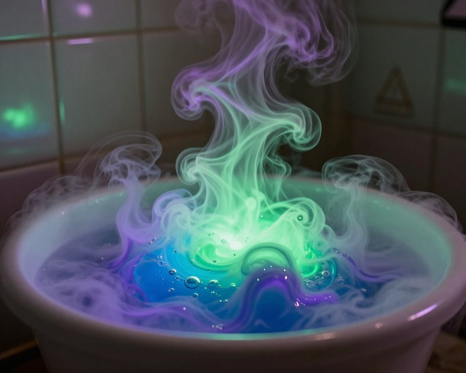 A close-up view of swirling, toxic fumes rising from a mixing bowl containing bleach and a bright blue toilet bowl cleaner, showcasing vibrant green and purple gases intermingling in a dangerous display. In the foreground, emphasize the chemical reaction with intricate details of bubbles and steam. In the middle ground, include a faint outline of a warning symbol, subtly integrated into the scene. The background should depict a dimly lit bathroom with reflections off shiny tiles, enhancing the ominous atmosphere. Use dramatic lighting to cast shadows that create a sense of urgency and danger, while focusing the lens to blur the background slightly, drawing attention to the fumes. The mood should feel tense and unsettling, capturing the viewer's awareness of the hazards of chemical exposure. A close-up view of swirling, toxic fumes rising from a mixing bowl containing bleach and a bright blue toilet bowl cleaner, showcasing vibrant green and purple gases intermingling in a dangerous display. In the foreground, emphasize the chemical reaction with intricate details of bubbles and steam. In the middle ground, include a faint outline of a warning symbol, subtly integrated into the scene. The background should depict a dimly lit bathroom with reflections off shiny tiles, enhancing the ominous atmosphere. Use dramatic lighting to cast shadows that create a sense of urgency and danger, while focusing the lens to blur the background slightly, drawing attention to the fumes. The mood should feel tense and unsettling, capturing the viewer's awareness of the hazards of chemical exposure.