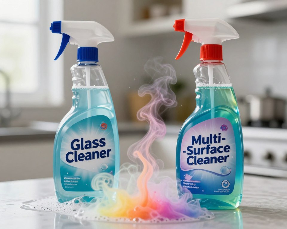 A close-up view of two separate cleaning product bottles, one labeled "Glass Cleaner" and the other "Multi-Surface Cleaner," placed on a kitchen countertop. In the foreground, vibrant, swirling chemical reactions are depicted, with bright colored fumes rising from the tops of the bottles, visualizing the potential hazardous fumes created when mixed. The middle ground features small bubbles and froth forming where the two liquids meet, indicating a chemical interaction. The background is softly blurred, showcasing a clean kitchen environment with natural lighting, emphasizing the mood of caution and curiosity. The image should be captured from a slight angle to create depth, using a macro lens for detailed textures and colors. A close-up view of two separate cleaning product bottles, one labeled "Glass Cleaner" and the other "Multi-Surface Cleaner," placed on a kitchen countertop. In the foreground, vibrant, swirling chemical reactions are depicted, with bright colored fumes rising from the tops of the bottles, visualizing the potential hazardous fumes created when mixed. The middle ground features small bubbles and froth forming where the two liquids meet, indicating a chemical interaction. The background is softly blurred, showcasing a clean kitchen environment with natural lighting, emphasizing the mood of caution and curiosity. The image should be captured from a slight angle to create depth, using a macro lens for detailed textures and colors.