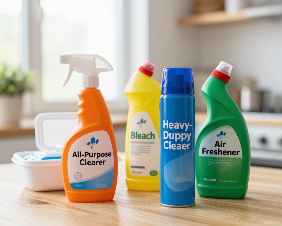 A close-up view of various household cleaning products arranged on a light wooden table, showcasing high-risk items to avoid for asthma sufferers. In the foreground, prominently feature a bright orange spray bottle labeled "All-Purpose Cleaner," a blue aerosol can of "Heavy-Duty Cleaner," and a green bottle of "Air Freshener." In the middle ground, include a white container of "Disinfecting Wipes" and a yellow bottle of "Bleach" partially obscured by a decorative plant, suggesting a cozy home environment. The background presents a blurred kitchen setting with soft, diffused natural light streaming through a window, creating a clean and airy atmosphere. The mood should evoke caution and awareness, emphasizing the importance of product selection for respiratory health without any distracting elements or text.