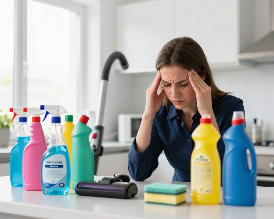 A cluttered kitchen countertop filled with various brightly colored household cleaning products, including sprays, bottles, and containers, each with visible ingredients labeled like "ammonia," "bleach," and "fragrance." In the foreground, a person in professional attire, rubbing their temples with a pained expression, surrounded by the chemical products, indicating stress and discomfort. In the middle, a soft-focus vacuum cleaner and soap sponge are partially visible, enhancing the cleaning theme. The background features a well-lit, modern kitchen environment, with large windows letting in natural light, creating a stark contrast to the vibrant colors of the cleaning products. The overall mood is tense and slightly chaotic, emphasizing the potential hazards of chemical sensitivity and headaches caused by household cleaners. A cluttered kitchen countertop filled with various brightly colored household cleaning products, including sprays, bottles, and containers, each with visible ingredients labeled like "ammonia," "bleach," and "fragrance." In the foreground, a person in professional attire, rubbing their temples with a pained expression, surrounded by the chemical products, indicating stress and discomfort. In the middle, a soft-focus vacuum cleaner and soap sponge are partially visible, enhancing the cleaning theme. The background features a well-lit, modern kitchen environment, with large windows letting in natural light, creating a stark contrast to the vibrant colors of the cleaning products. The overall mood is tense and slightly chaotic, emphasizing the potential hazards of chemical sensitivity and headaches caused by household cleaners.