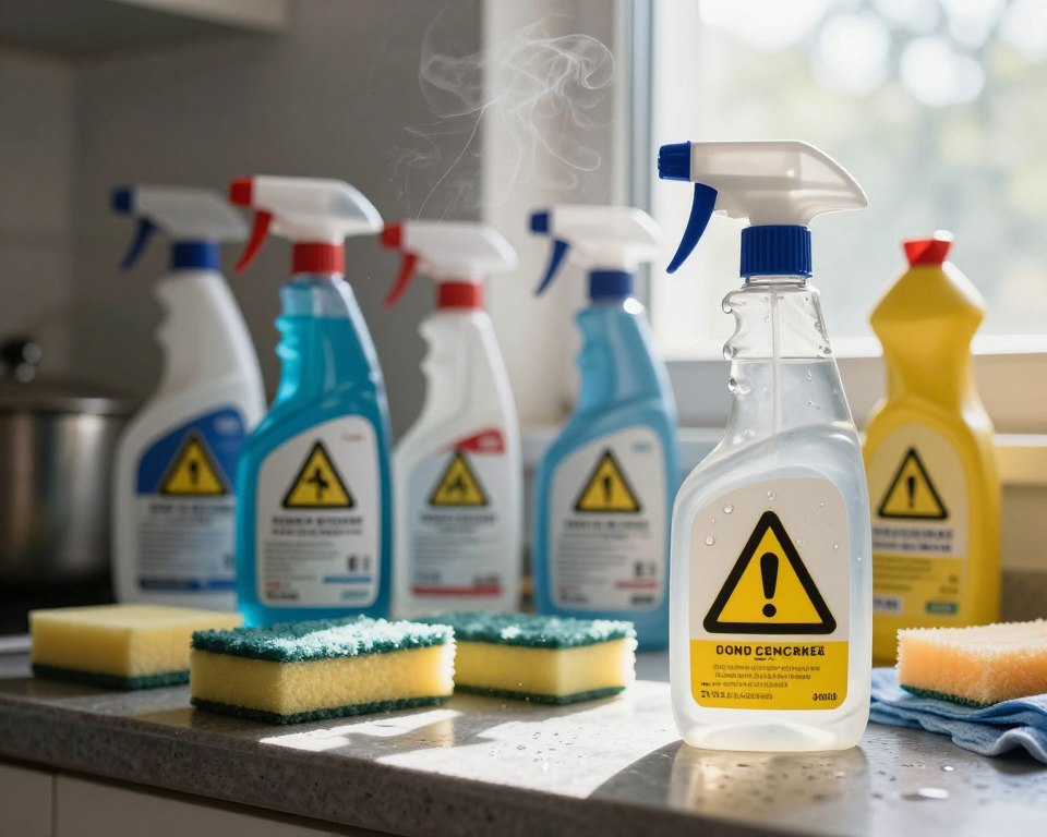 A cluttered kitchen countertop filled with various cleaning products, each prominently labeled with warning symbols and hazard signs. In the foreground, a spray bottle with a bright hazardous material symbol faces the viewer, droplets of the cleaner glistening in bright overhead light. In the middle, sponges and cloths are scattered around with faint chemical fumes rising above, subtly illustrated to indicate danger. In the background, a sunlit window casts soft shadows, enhancing the contrast between the bright cleaning supplies and the darker, more ominous tones of the shadows. The atmosphere is tense and alerting, emphasizing the need for safety during cleaning. The image should evoke concern about the potential hazards of common cleaning agents. A cluttered kitchen countertop filled with various cleaning products, each prominently labeled with warning symbols and hazard signs. In the foreground, a spray bottle with a bright hazardous material symbol faces the viewer, droplets of the cleaner glistening in bright overhead light. In the middle, sponges and cloths are scattered around with faint chemical fumes rising above, subtly illustrated to indicate danger. In the background, a sunlit window casts soft shadows, enhancing the contrast between the bright cleaning supplies and the darker, more ominous tones of the shadows. The atmosphere is tense and alerting, emphasizing the need for safety during cleaning. The image should evoke concern about the potential hazards of common cleaning agents.