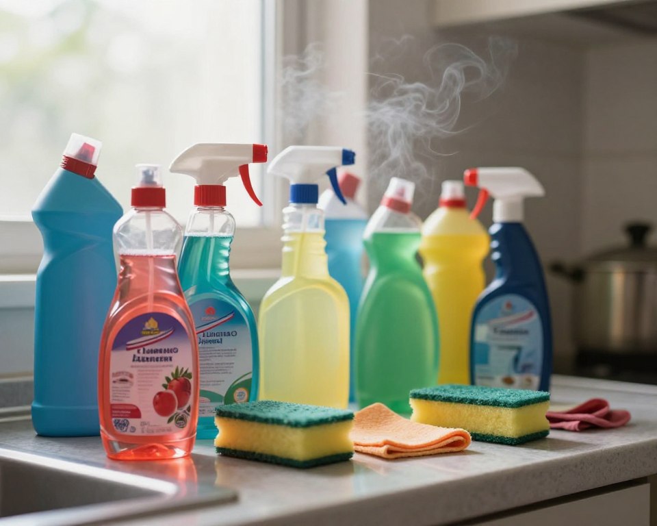 A cluttered kitchen countertop filled with various household cleaning products, showcasing variations in vibrant colors and textures. In the foreground, a bottle of all-purpose cleaner is prominently displayed, with a label that suggests a fruity fragrance. The middle ground features an array of cleaning supplies—including sprays, cloths, and sponges—slightly disorganized to evoke a sense of urgency. A faint translucent cloud of scented mist swirls around, symbolizing synthetic scents wafting through the air. In the background, soft, diffused natural lighting filters through a window, casting shadows and creating a slightly hazy atmosphere that conveys discomfort. The overall mood reflects a sense of unease and nausea associated with strong fragrances, suitable for illustrating the impact of cleaning products on health. A cluttered kitchen countertop filled with various household cleaning products, showcasing variations in vibrant colors and textures. In the foreground, a bottle of all-purpose cleaner is prominently displayed, with a label that suggests a fruity fragrance. The middle ground features an array of cleaning supplies—including sprays, cloths, and sponges—slightly disorganized to evoke a sense of urgency. A faint translucent cloud of scented mist swirls around, symbolizing synthetic scents wafting through the air. In the background, soft, diffused natural lighting filters through a window, casting shadows and creating a slightly hazy atmosphere that conveys discomfort. The overall mood reflects a sense of unease and nausea associated with strong fragrances, suitable for illustrating the impact of cleaning products on health.