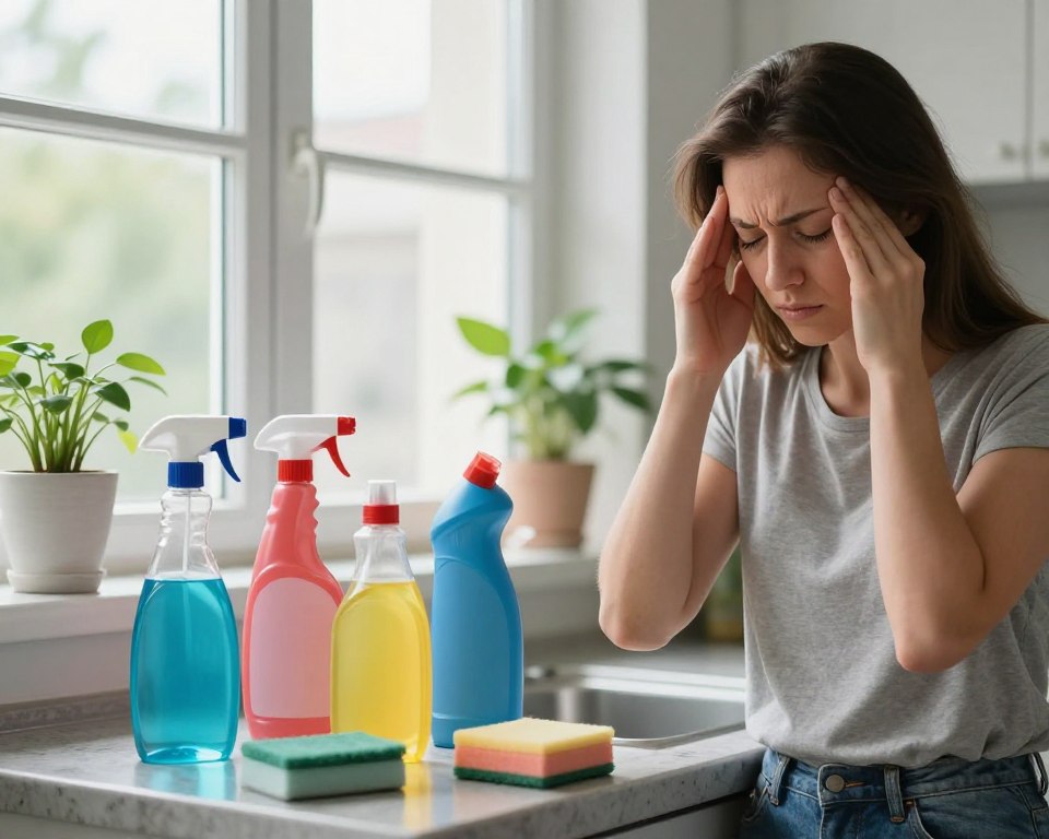 A cluttered kitchen scene depicting various harmful cleaning chemicals, including spray bottles and cleaning solutions, prominently placed on a countertop. In the foreground, a woman in modest casual clothing is seen gripping her temples, exhibiting signs of discomfort, with her eyes closed, indicating a headache. The middle ground features an open window, allowing soft, diffused natural light to illuminate the products, casting gentle shadows. In the background, a green plant on the windowsill symbolizes freshness, contrasting with the harshness of the chemicals. The overall atmosphere should have a slightly dramatic, yet informative mood, highlighting the unseen danger of volatile organic compounds (VOCs) in everyday cleaning products. A cluttered kitchen scene depicting various harmful cleaning chemicals, including spray bottles and cleaning solutions, prominently placed on a countertop. In the foreground, a woman in modest casual clothing is seen gripping her temples, exhibiting signs of discomfort, with her eyes closed, indicating a headache. The middle ground features an open window, allowing soft, diffused natural light to illuminate the products, casting gentle shadows. In the background, a green plant on the windowsill symbolizes freshness, contrasting with the harshness of the chemicals. The overall atmosphere should have a slightly dramatic, yet informative mood, highlighting the unseen danger of volatile organic compounds (VOCs) in everyday cleaning products.