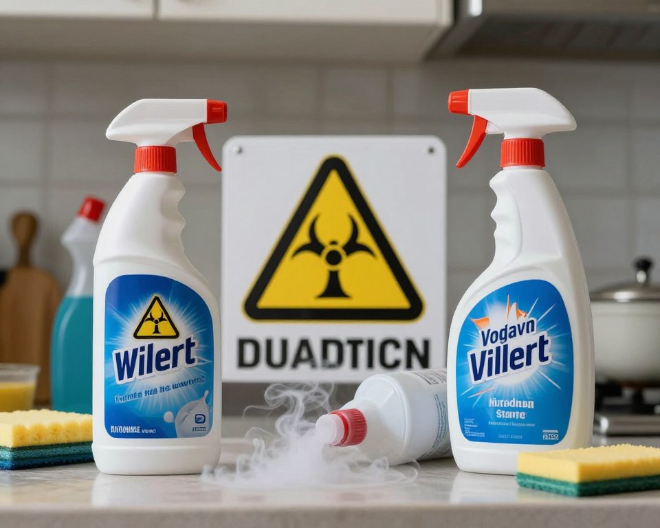 A cluttered kitchen scene focusing on a prominently placed, open bottle of bleach and a partially filled container of a strong acidic cleaner, like vinegar. In the foreground, small white fumes are visually emerging from the bottles, illustrating a potentially dangerous reaction. In the middle, an oversized warning sign with a hazard symbol is positioned between the products. The background features a slightly blurred kitchen with typical cleaning supplies scattered about. The lighting is bright but slightly dimmed to create a tense atmosphere, casting shadows that hint at danger. The camera angle is slightly tilted to evoke unease, suggesting the unseen risks of mixing these products. The image should feel alarming yet educational, highlighting the dangers of household chemical combinations without overt dramatization. A cluttered kitchen scene focusing on a prominently placed, open bottle of bleach and a partially filled container of a strong acidic cleaner, like vinegar. In the foreground, small white fumes are visually emerging from the bottles, illustrating a potentially dangerous reaction. In the middle, an oversized warning sign with a hazard symbol is positioned between the products. The background features a slightly blurred kitchen with typical cleaning supplies scattered about. The lighting is bright but slightly dimmed to create a tense atmosphere, casting shadows that hint at danger. The camera angle is slightly tilted to evoke unease, suggesting the unseen risks of mixing these products. The image should feel alarming yet educational, highlighting the dangers of household chemical combinations without overt dramatization.