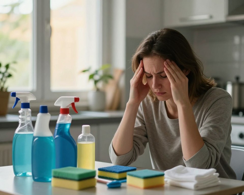 A cluttered kitchen scene highlighting the cumulative effects of household cleaning products on health. In the foreground, a weary individual dressed in modest casual attire sits at a table, rubbing their temples in discomfort. They are surrounded by various cleaning products like spray bottles, sponges, and wipes, all prominently displayed. In the middle ground, cleaning tools are strewn about, emphasizing the chaotic aftermath of intense cleaning. The background features a window with sunlight filtering through, casting soft, warm light that contrasts with the cool tones of the cleaning products. The atmosphere feels tense yet relatable, conveying the hidden struggle of everyday cleaning tasks leading to headaches. The focus should be sharp on the subject, creating an intimate and poignant mood. A cluttered kitchen scene highlighting the cumulative effects of household cleaning products on health. In the foreground, a weary individual dressed in modest casual attire sits at a table, rubbing their temples in discomfort. They are surrounded by various cleaning products like spray bottles, sponges, and wipes, all prominently displayed. In the middle ground, cleaning tools are strewn about, emphasizing the chaotic aftermath of intense cleaning. The background features a window with sunlight filtering through, casting soft, warm light that contrasts with the cool tones of the cleaning products. The atmosphere feels tense yet relatable, conveying the hidden struggle of everyday cleaning tasks leading to headaches. The focus should be sharp on the subject, creating an intimate and poignant mood.