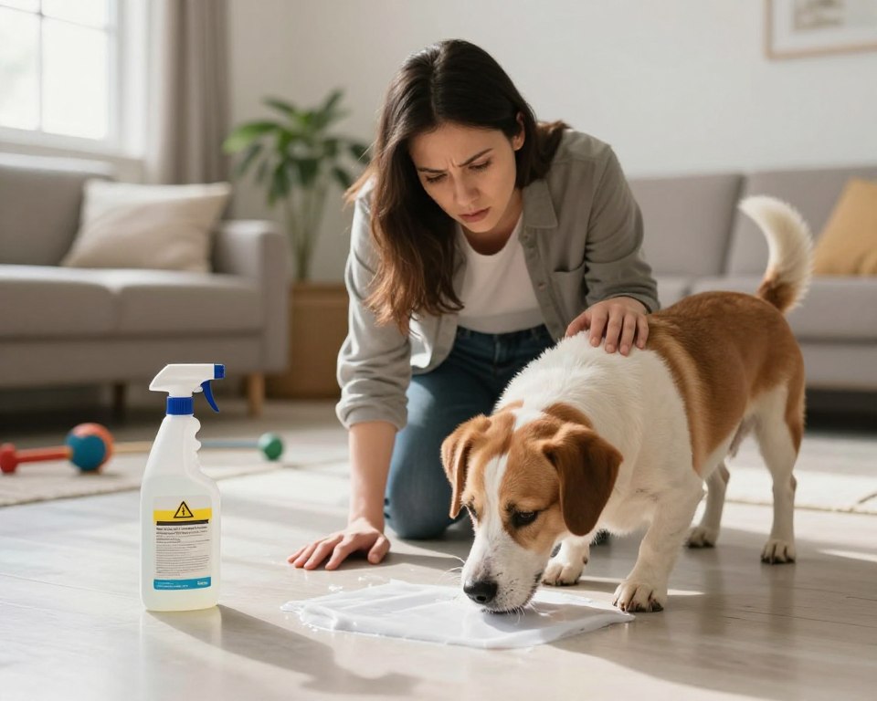 A concerned dog owner kneeling on a gleaming floor, observing her playful dog curiously sniffing at the freshly cleaned surface. In the foreground, a bottle of floor cleaning solution is visible, with warning labels clearly readable. The background features a cozy, well-lit living room with soft natural light filtering through a window, highlighting the potential hazards of cleaning chemicals. The mood is tense yet educational, emphasizing the importance of pet safety. The angle is slightly above eye-level, focusing on the interaction between the owner and the dog, while maintaining a clean aesthetic. The room's decor includes houseplants and pet toys, creating a relatable environment for pet owners. A concerned dog owner kneeling on a gleaming floor, observing her playful dog curiously sniffing at the freshly cleaned surface. In the foreground, a bottle of floor cleaning solution is visible, with warning labels clearly readable. The background features a cozy, well-lit living room with soft natural light filtering through a window, highlighting the potential hazards of cleaning chemicals. The mood is tense yet educational, emphasizing the importance of pet safety. The angle is slightly above eye-level, focusing on the interaction between the owner and the dog, while maintaining a clean aesthetic. The room's decor includes houseplants and pet toys, creating a relatable environment for pet owners.